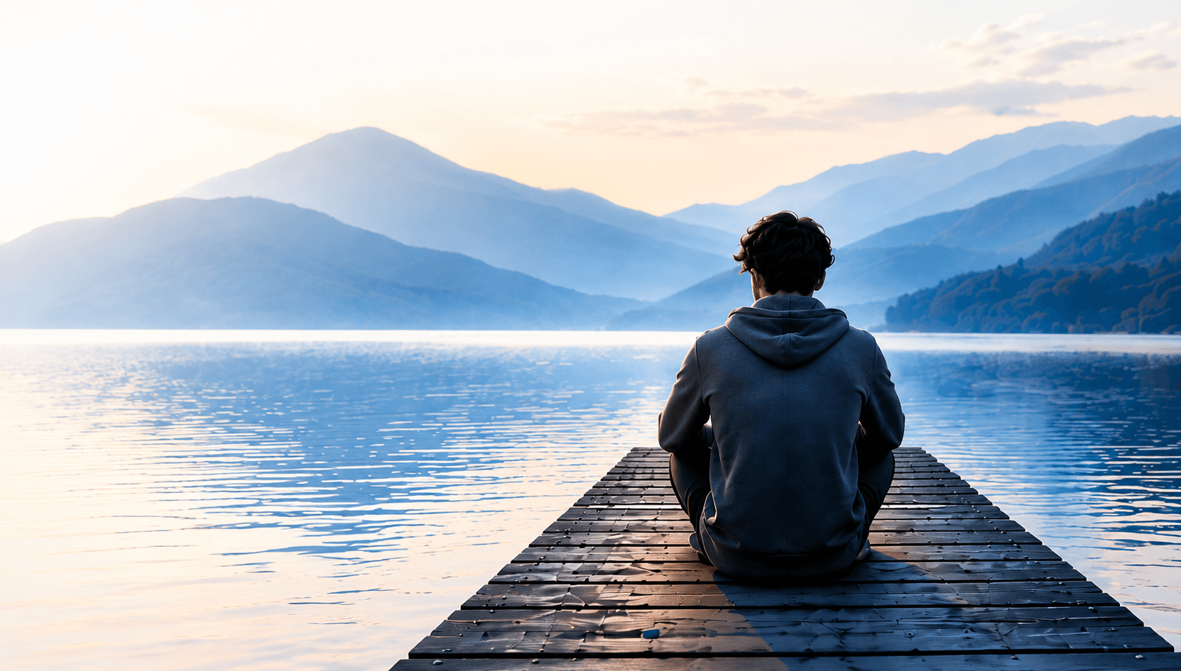 Young person sitting on a wooden jetty facing a calm mountain lake