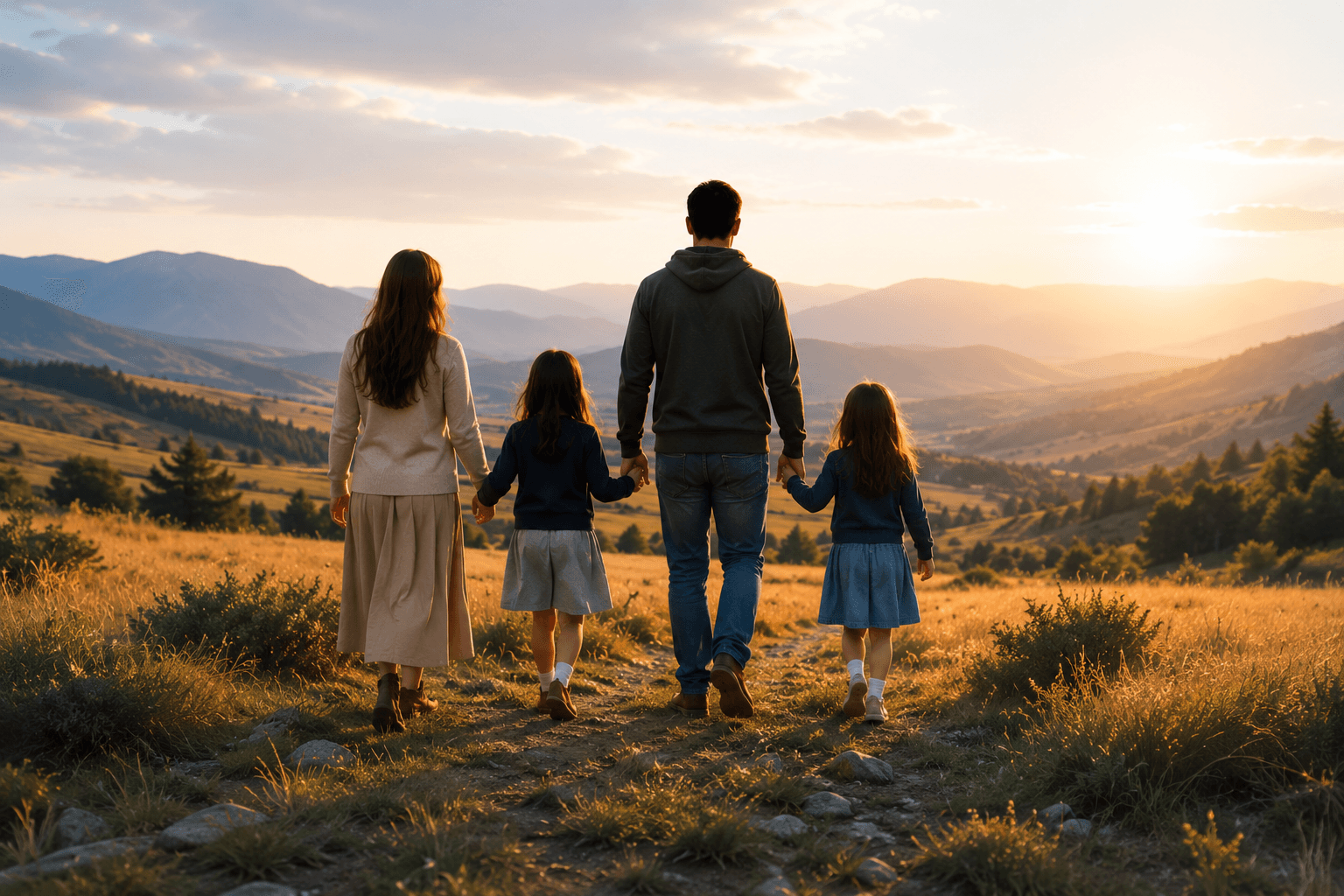 People looking over a blue mountain landscape