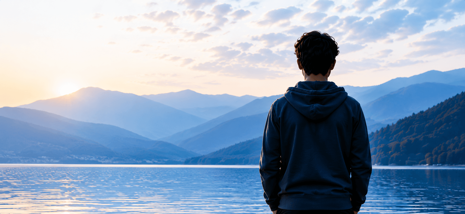 Person beside calm blue mountains and water